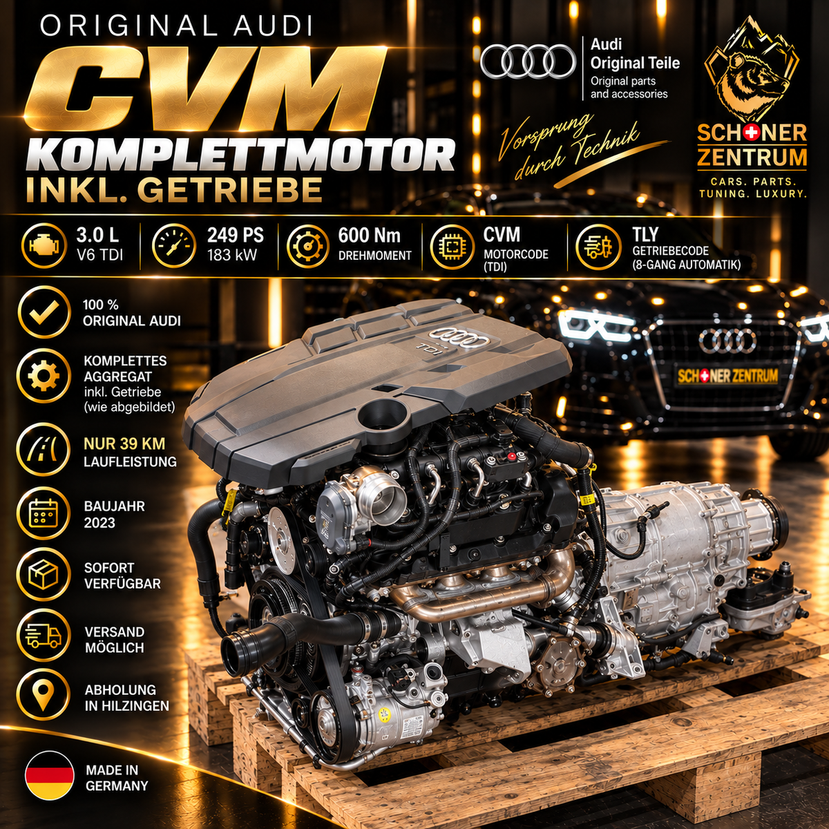 Audi CVM 3.0 V6 TDI Komplettmotor mit TLY Getriebe, 249 PS, 39 km