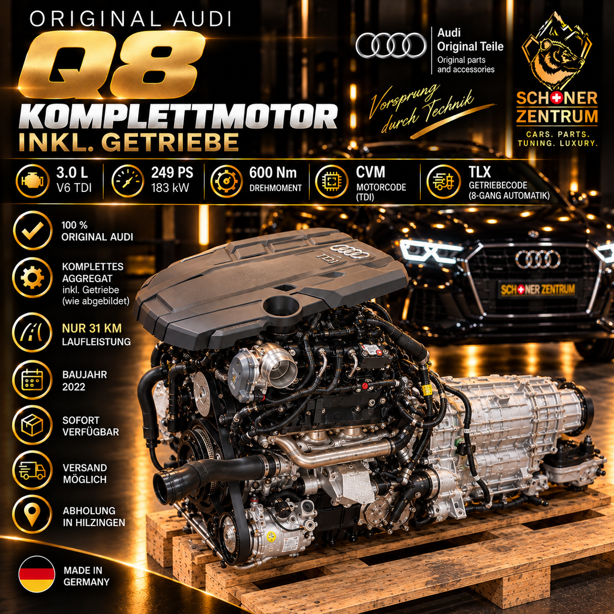 Audi Q8 CVM 3.0 V6 TDI Komplettmotor mit TLX Getriebe, 249 PS, 31 km