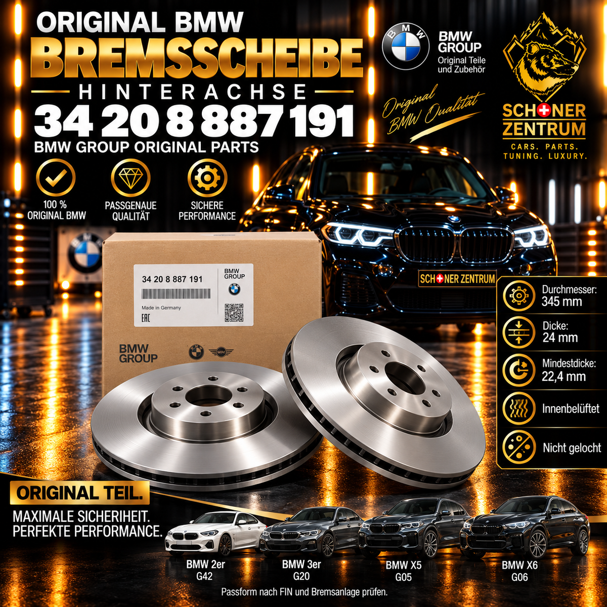 BMW Bremsscheibe 34208887191 Hinterachse innenbelüftet 345 × 24 mm – Schöner Zentrum