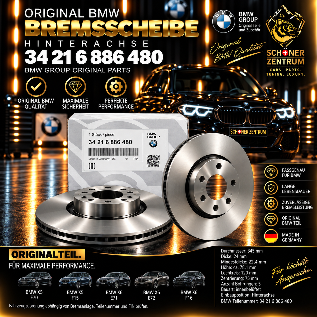 Original BMW Bremsscheibe 34216886480 Hinterachse 345 x 24 mm – Schöner Zentrum