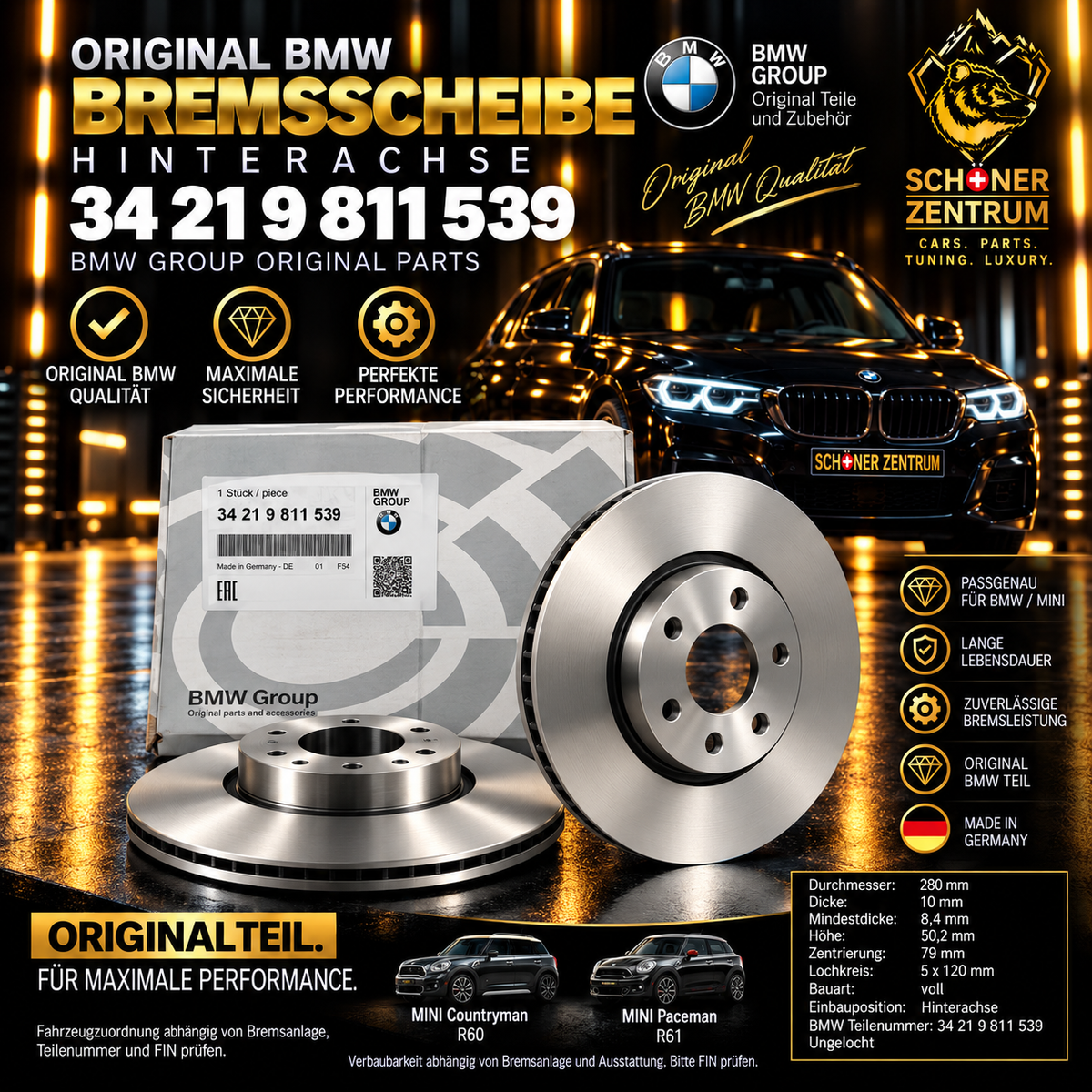 BMW MINI Bremsscheibe 34219811539 hinten 280x10 mm – Schöner Zentrum