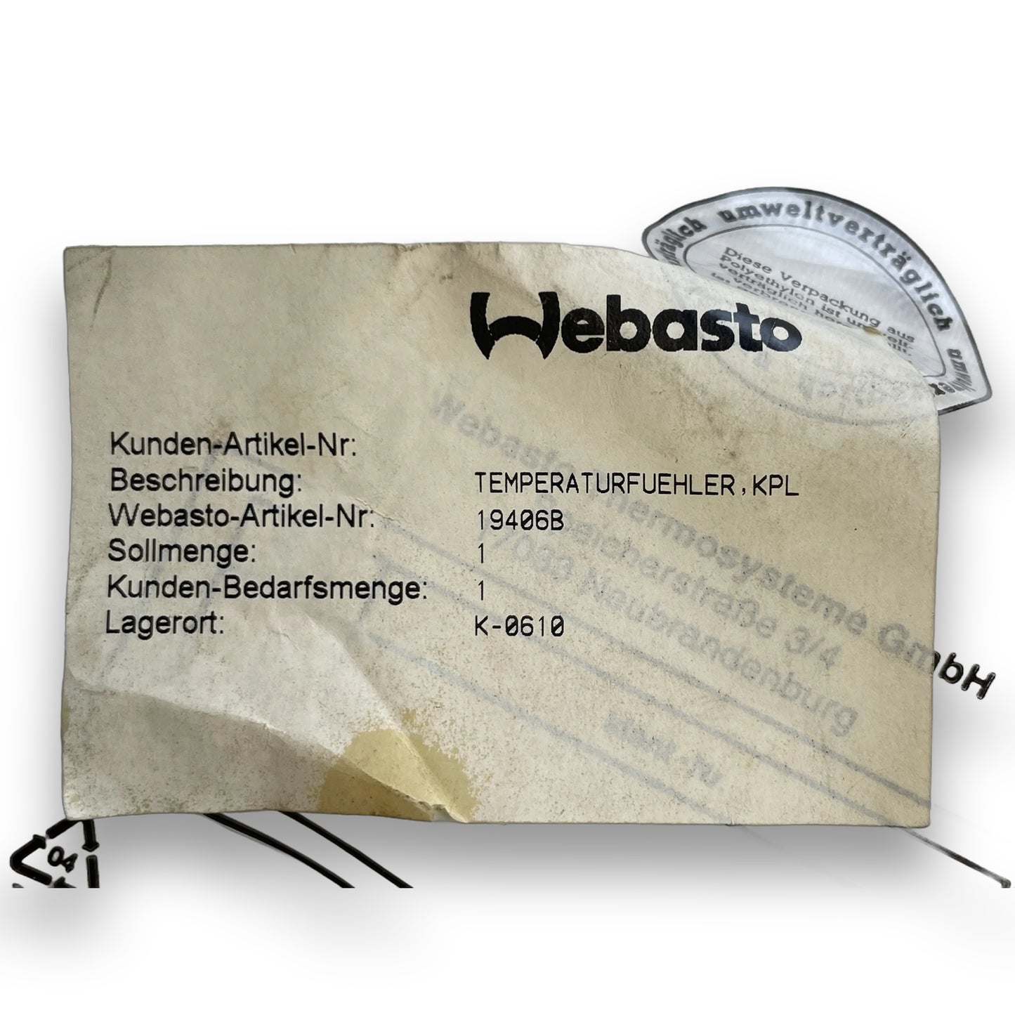 WEBASTO Temperatursensoren 19406B – Detail