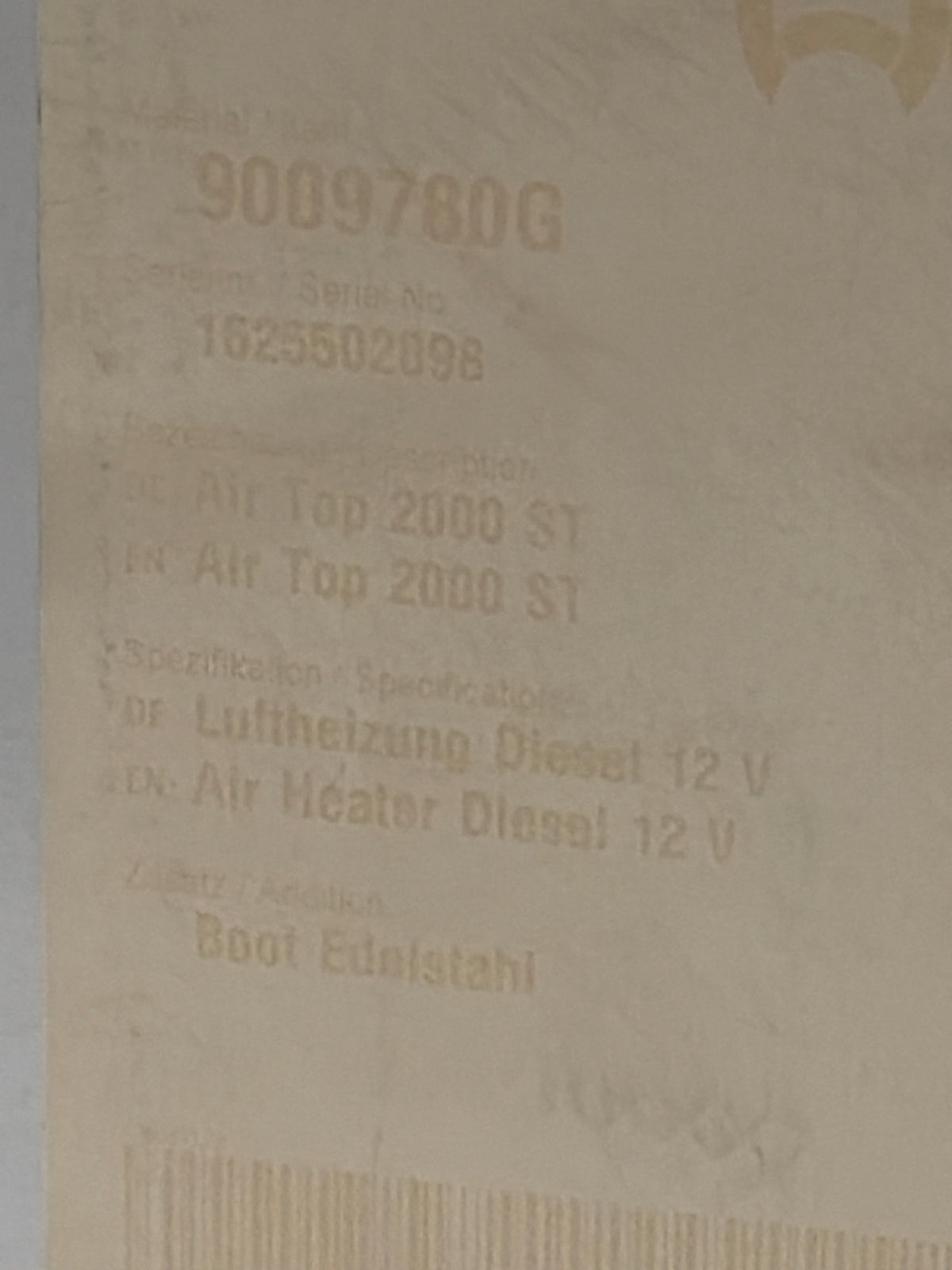 WEBASTO LU AT 2000ST.13D 12V BOOT-EDEL Luftheizung 9009780G