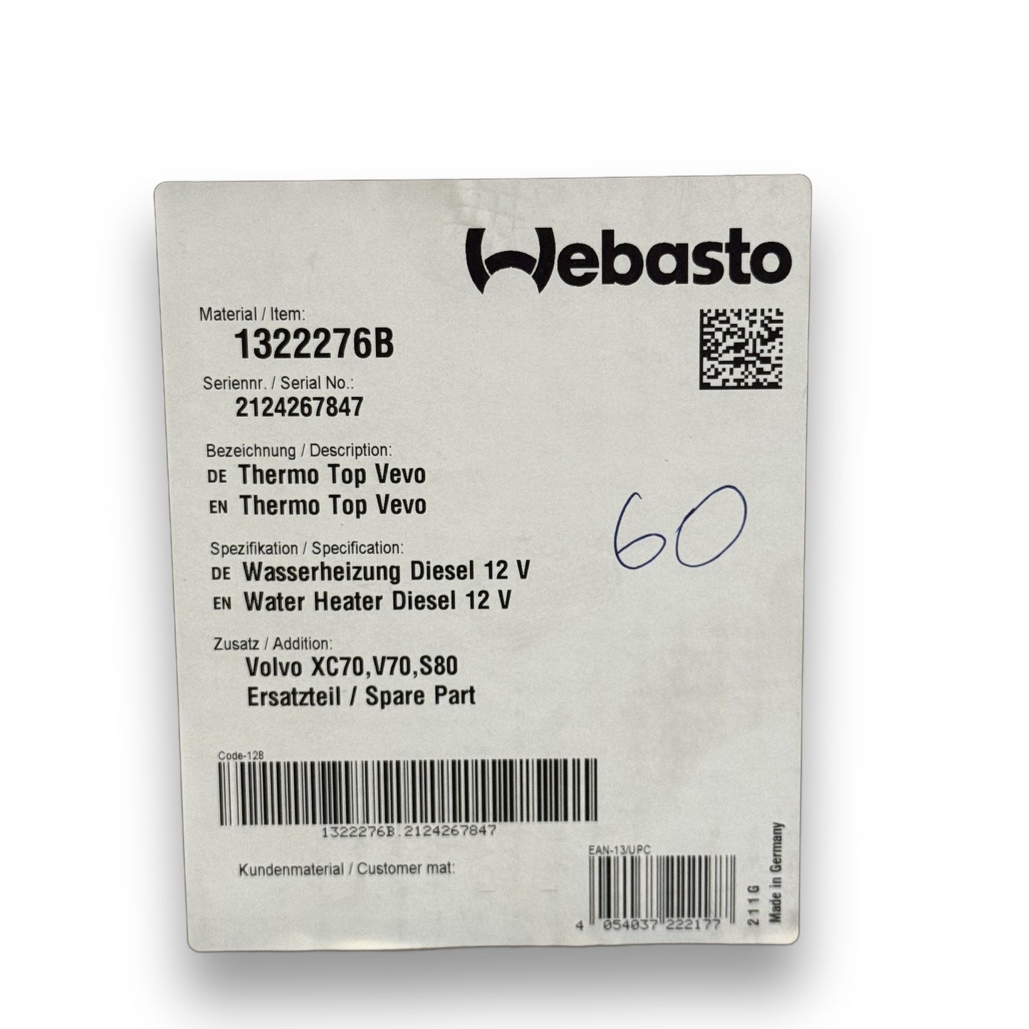 WEBASTO Standheizungs-Ersatzwärmer Thermo Top VEVO D GCS