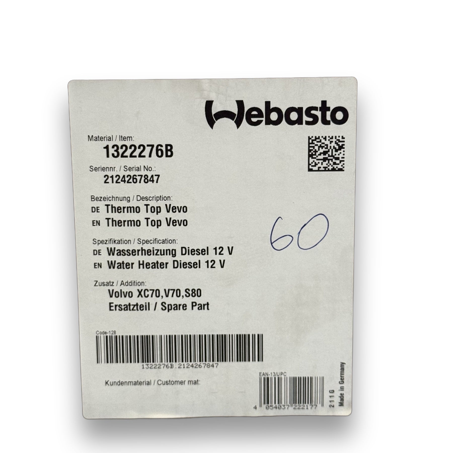 WEBASTO Standheizungs-Ersatzwärmer Thermo Top VEVO D GCS