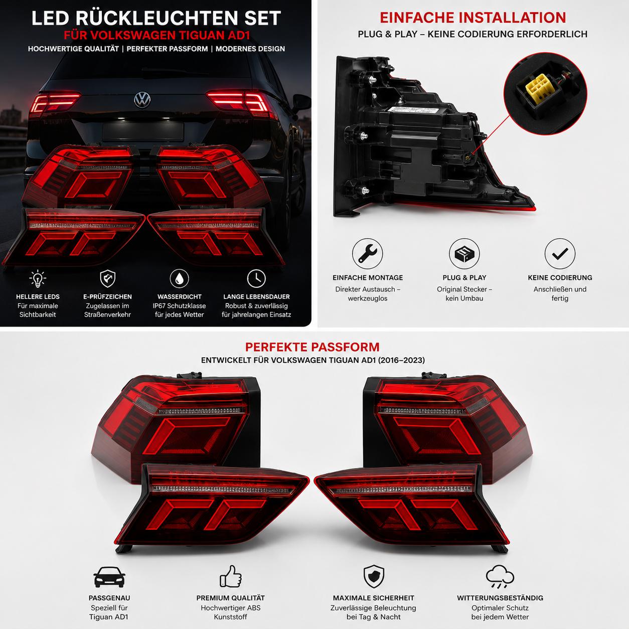 VW Tiguan IQ.LIGHT LED Rückleuchten Komplettsatz 4-teilig – Varroc OEM Neuware