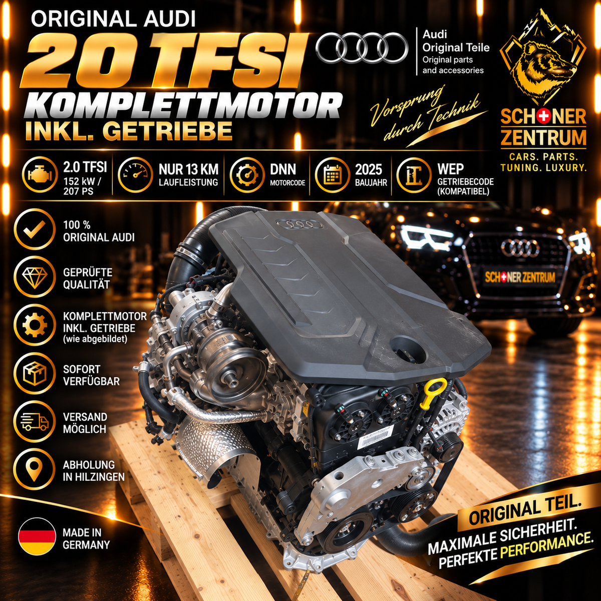 Original Audi 2.0 TFSI DNN Komplettmotor mit Getriebe WEP 152 kW 207 PS nur 13 km Baujahr 2025