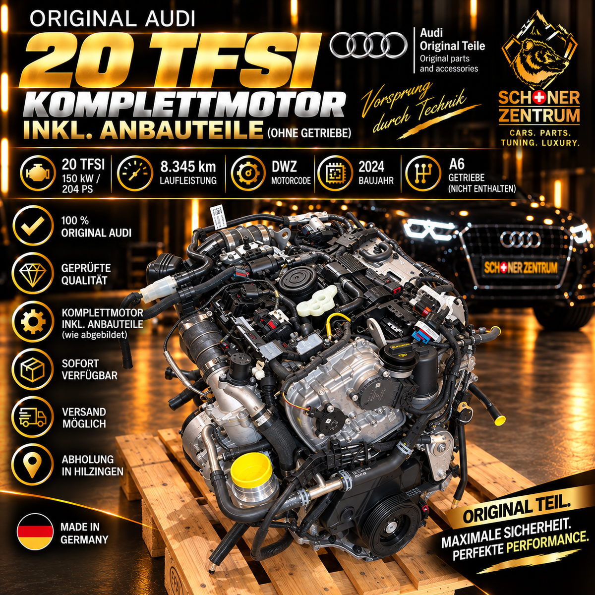 Original Audi 2.0 TFSI DWZ Komplettmotor 150 kW 204 PS 8.345 km Baujahr 2024 ohne Getriebe