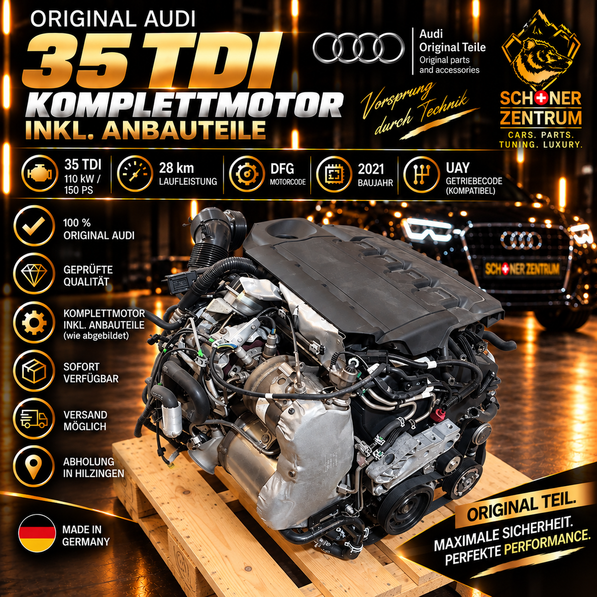 Original Audi 35 TDI DFG Komplettmotor mit Getriebe UAY 110 kW 150 PS nur 28 km