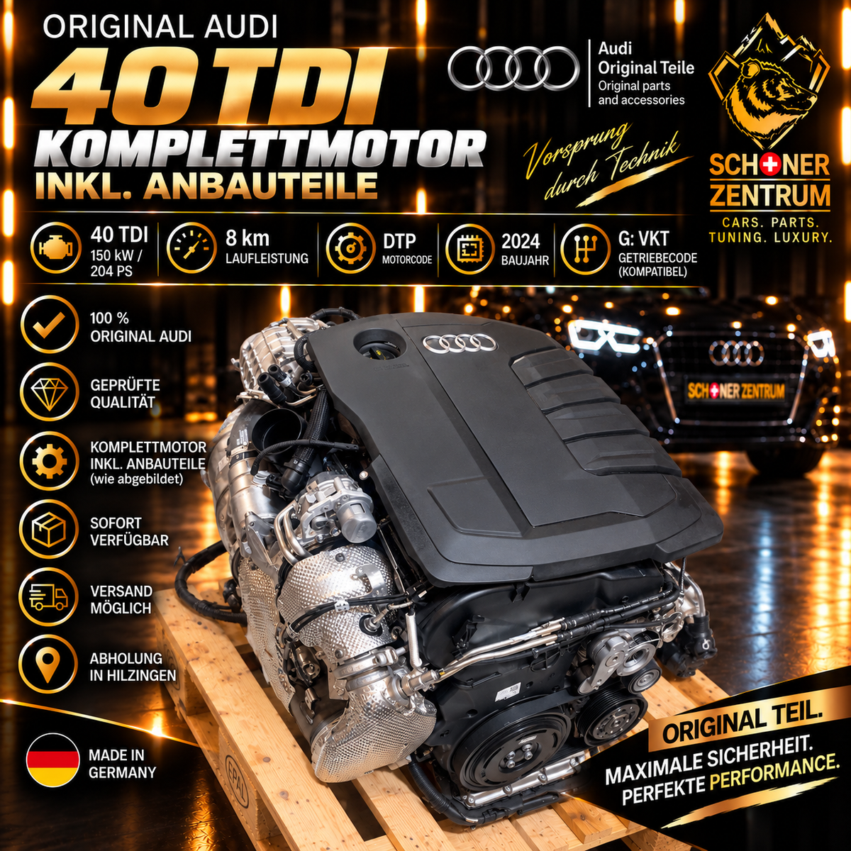 Original Audi 40 TDI DTP Mild Hybrid quattro Komplettmotor mit Getriebe VKT 150 kW 204 PS nur 8 km Baujahr 2024
