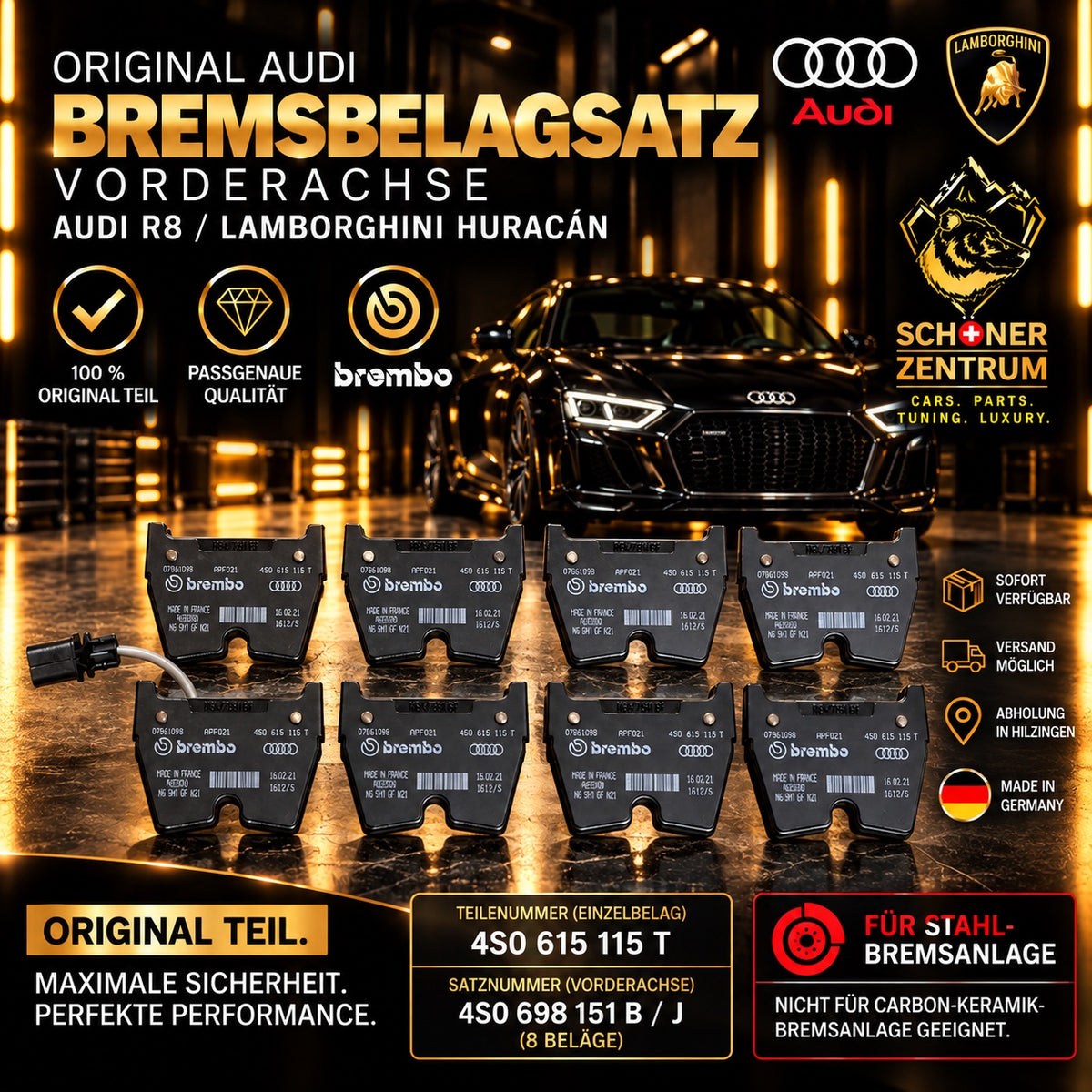 Original Audi Brembo Bremsbelagsatz Vorderachse für Audi R8 und Lamborghini Huracán