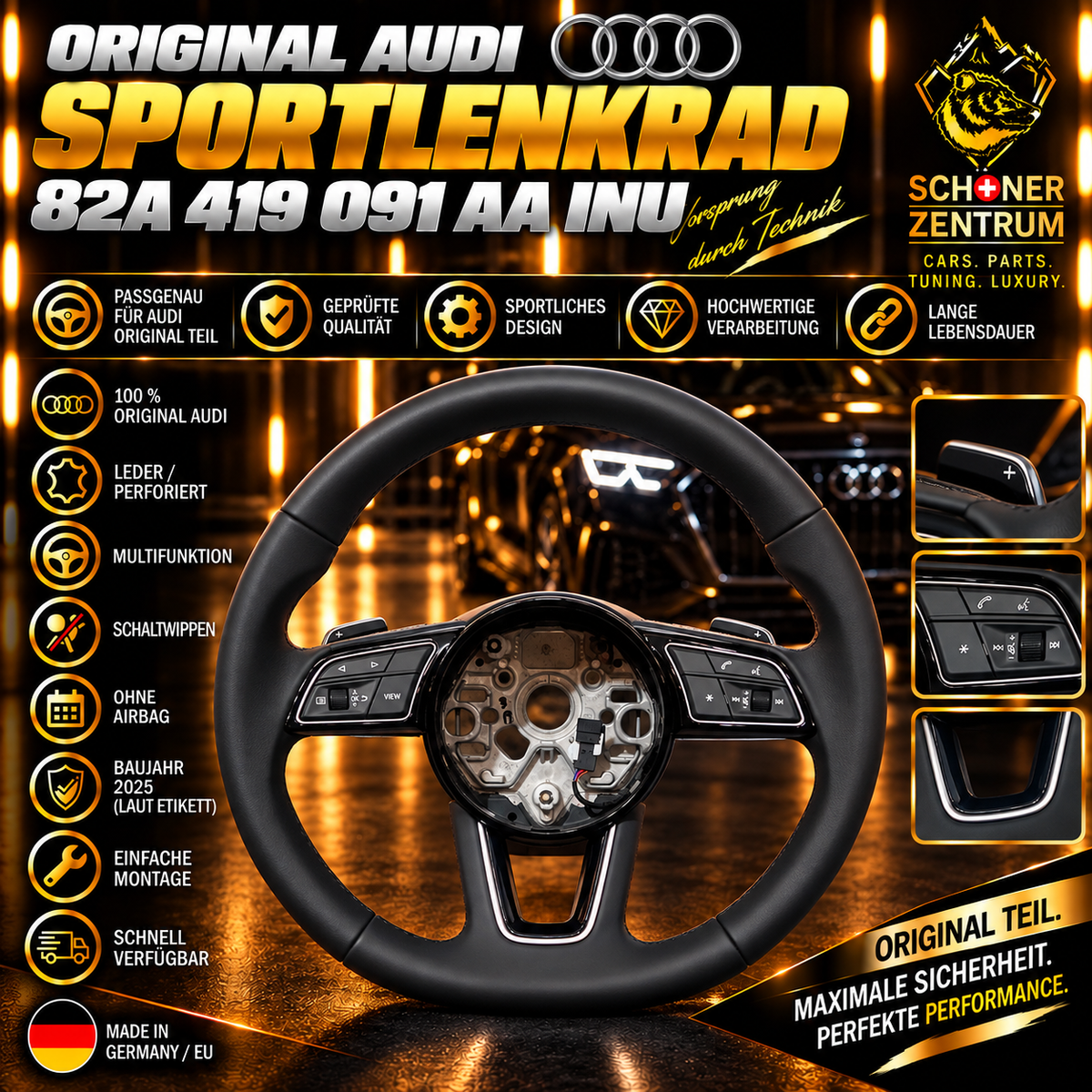 Original Audi Multifunktionslenkrad 82A 419 091 AA INU – Schaltwippen – ohne Airbag