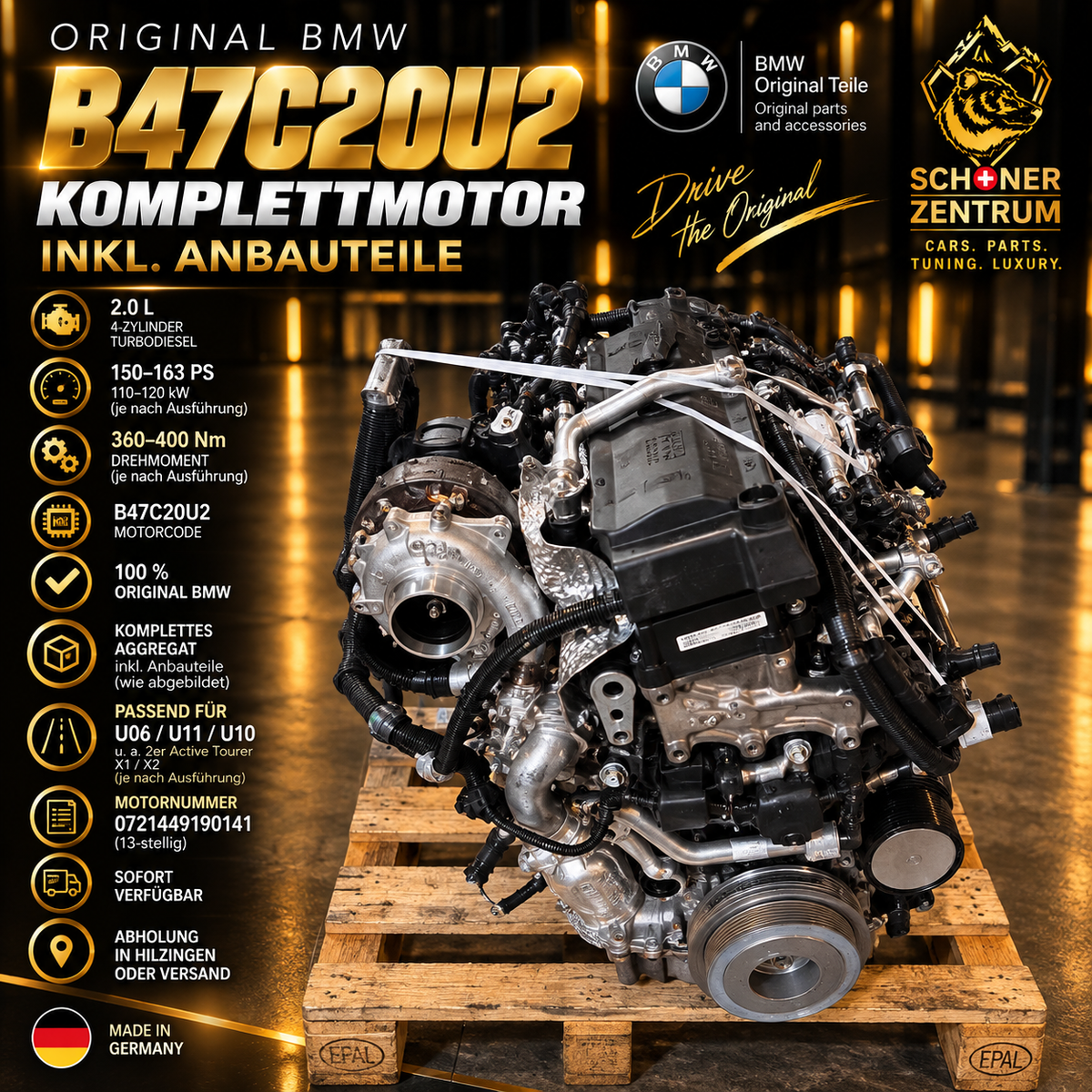 BMW B47C20U2 2.0 Diesel Komplettmotor mit Anbauteilen