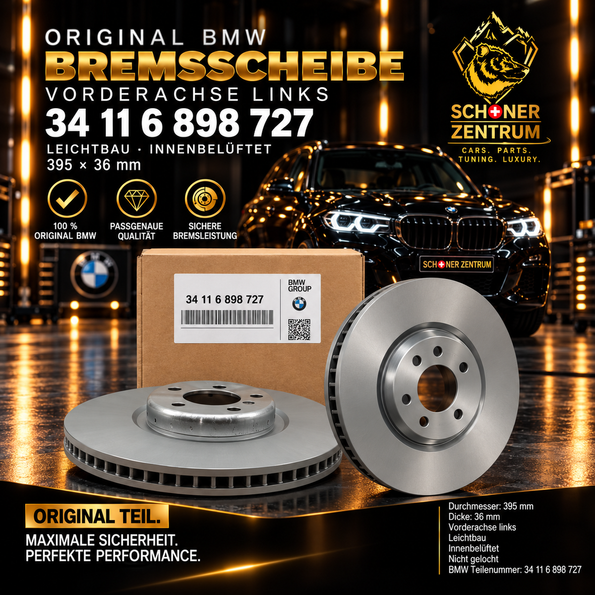 Original BMW Bremsscheibe 34116898727 Vorderachse links 395 × 36 mm Leichtbau – Schöner Zentrum