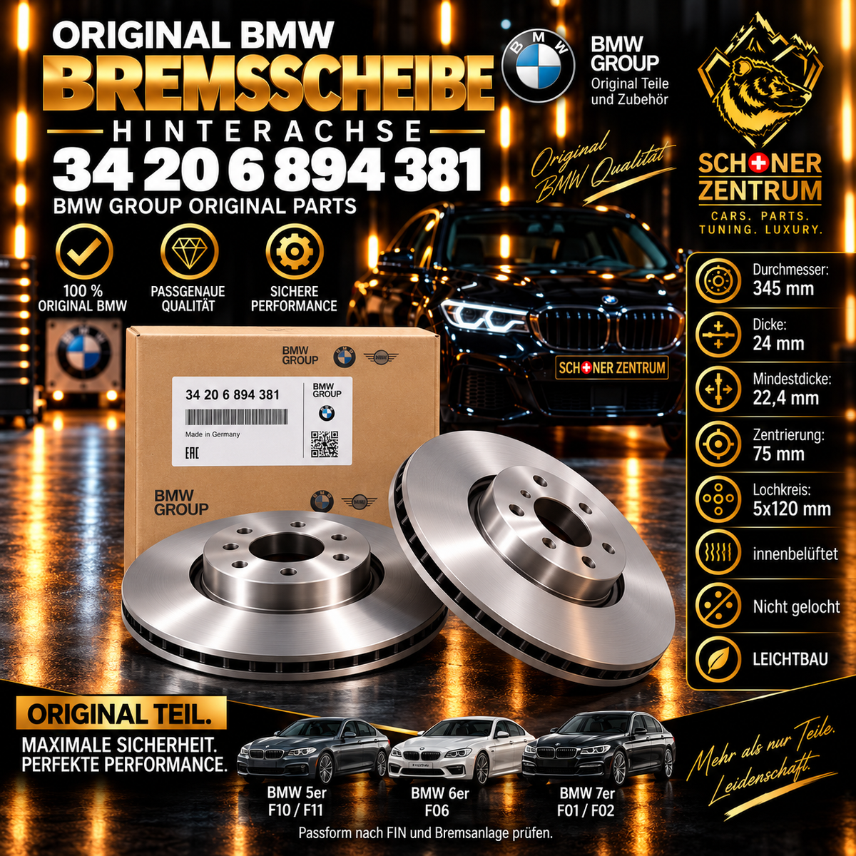 BMW Bremsscheibe 34206894381 Hinterachse Leichtbau innenbelüftet 345 × 24 mm – Schöner Zentrum