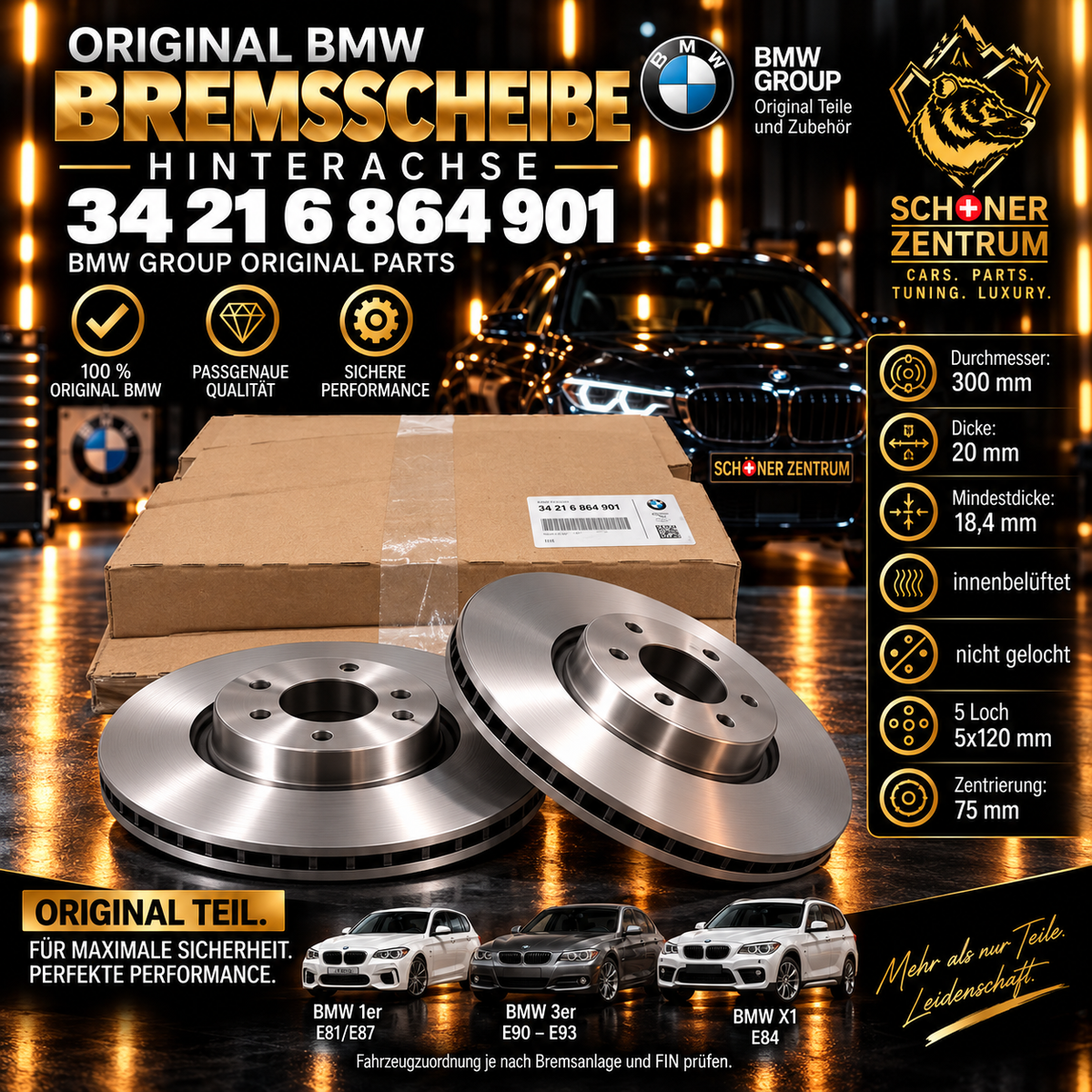 BMW Bremsscheibe 34216864901 Hinterachse belüftet 300 × 20 mm – Schöner Zentrum