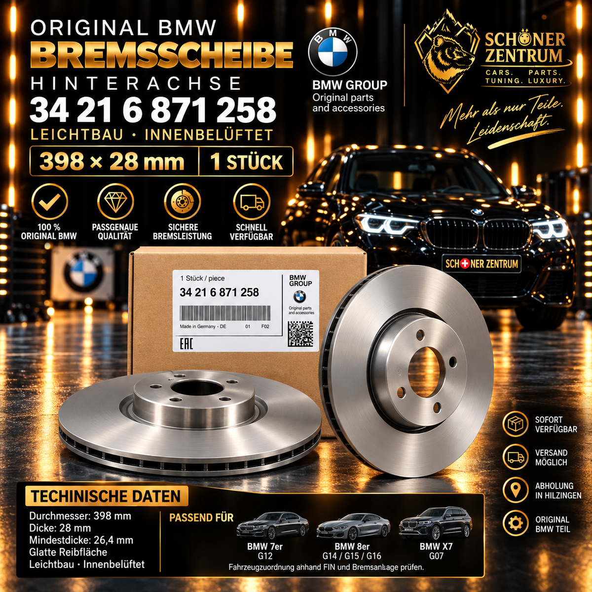 BMW Bremsscheibe 34216871258 Hinterachse Leichtbau 398 × 28 mm – Schöner Zentrum