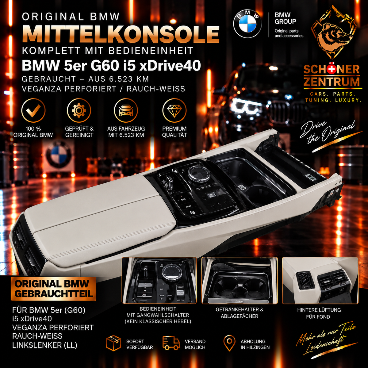 Original BMW 5er G60 i5 xDrive40 Mittelkonsole Veganza Rauch-Weiß gebraucht