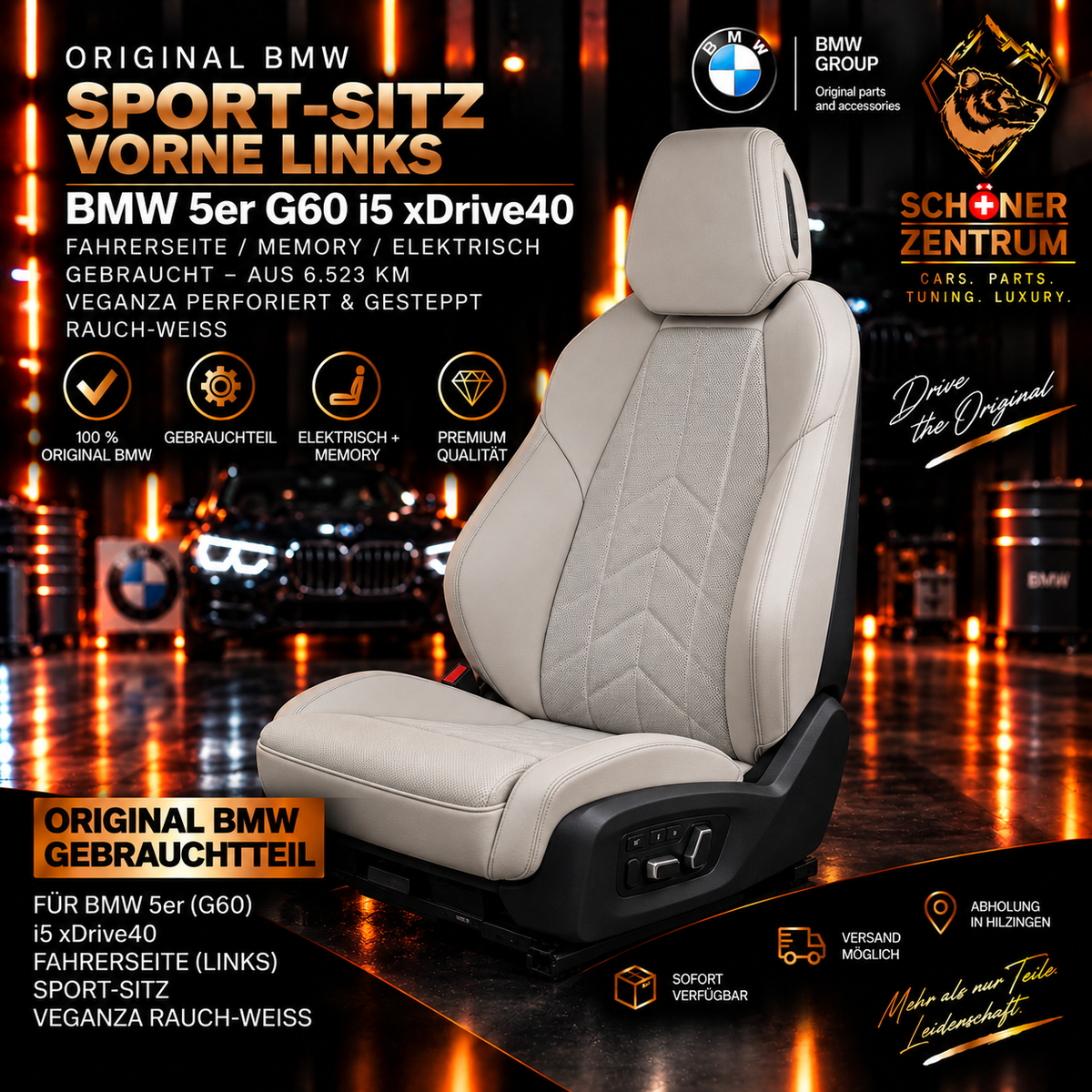 Original BMW G60 i5 xDrive40 Sportsitz vorne links Veganza Rauch-Weiß gebraucht