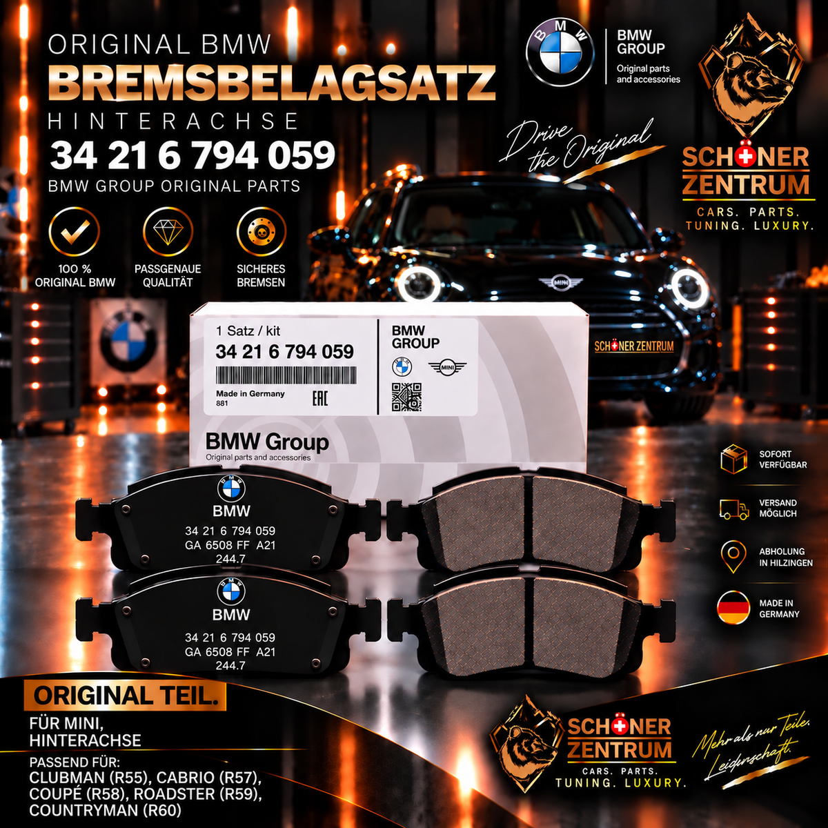 Original BMW MINI Bremsbelagsatz 34216794059 Hinterachse