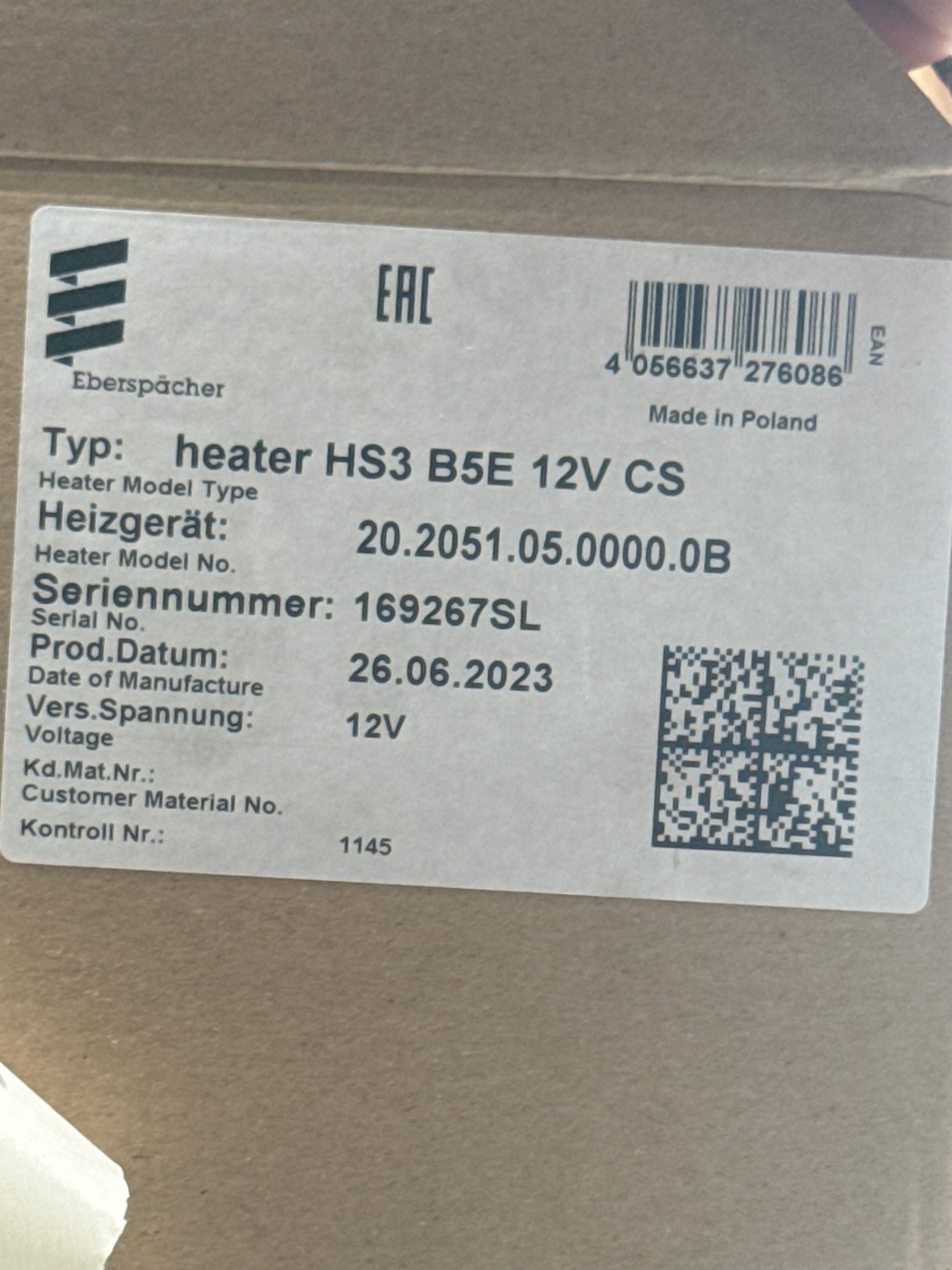 Eberspächer heater HS3 B5E 12V CS 20.2051.05.0000.0B