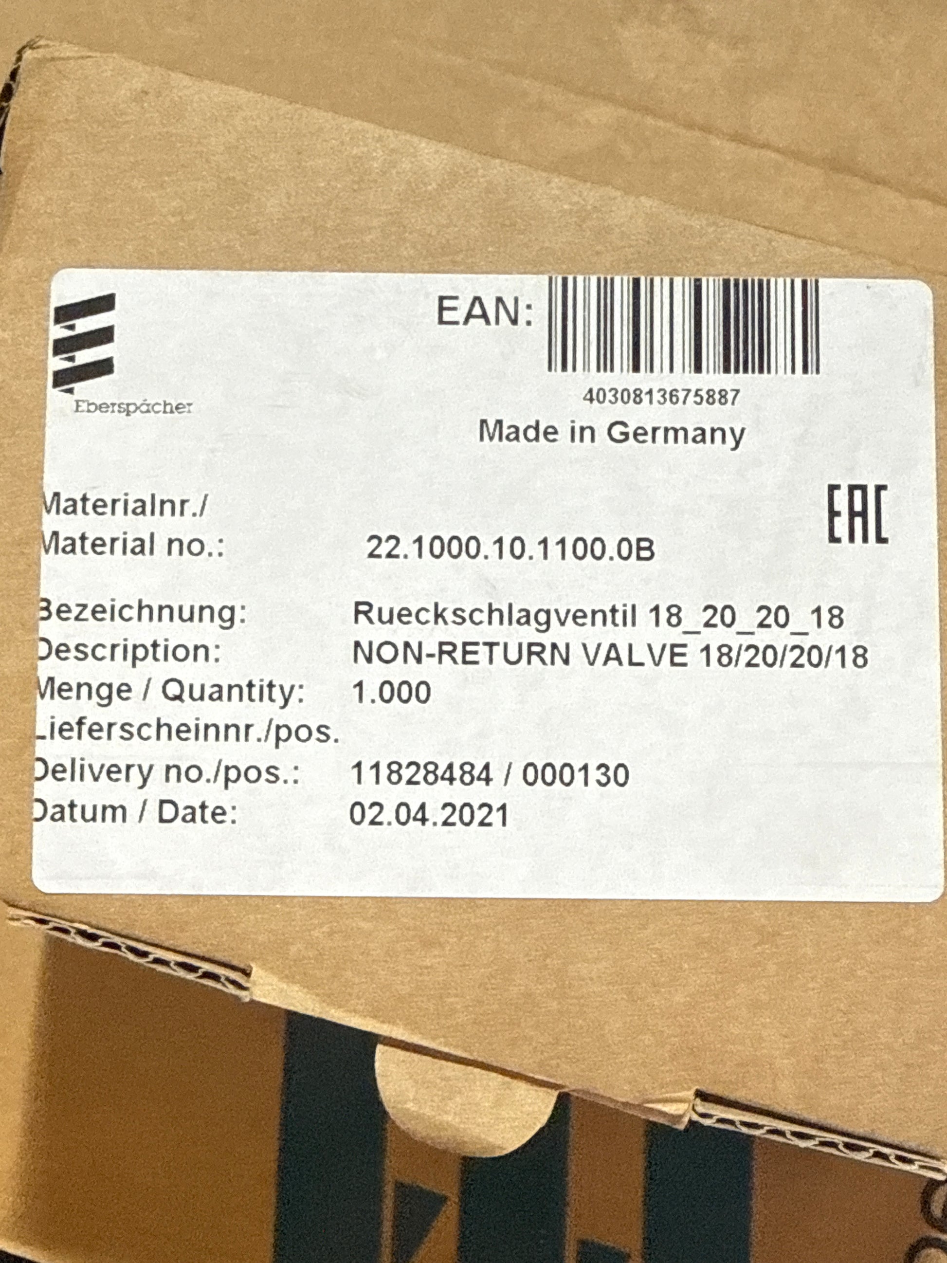 Eberspächer Rueckschlagventil 18_20_20_18 NON-RETURN VALVE 18/20/20/18 22.1000.10.1100.0B