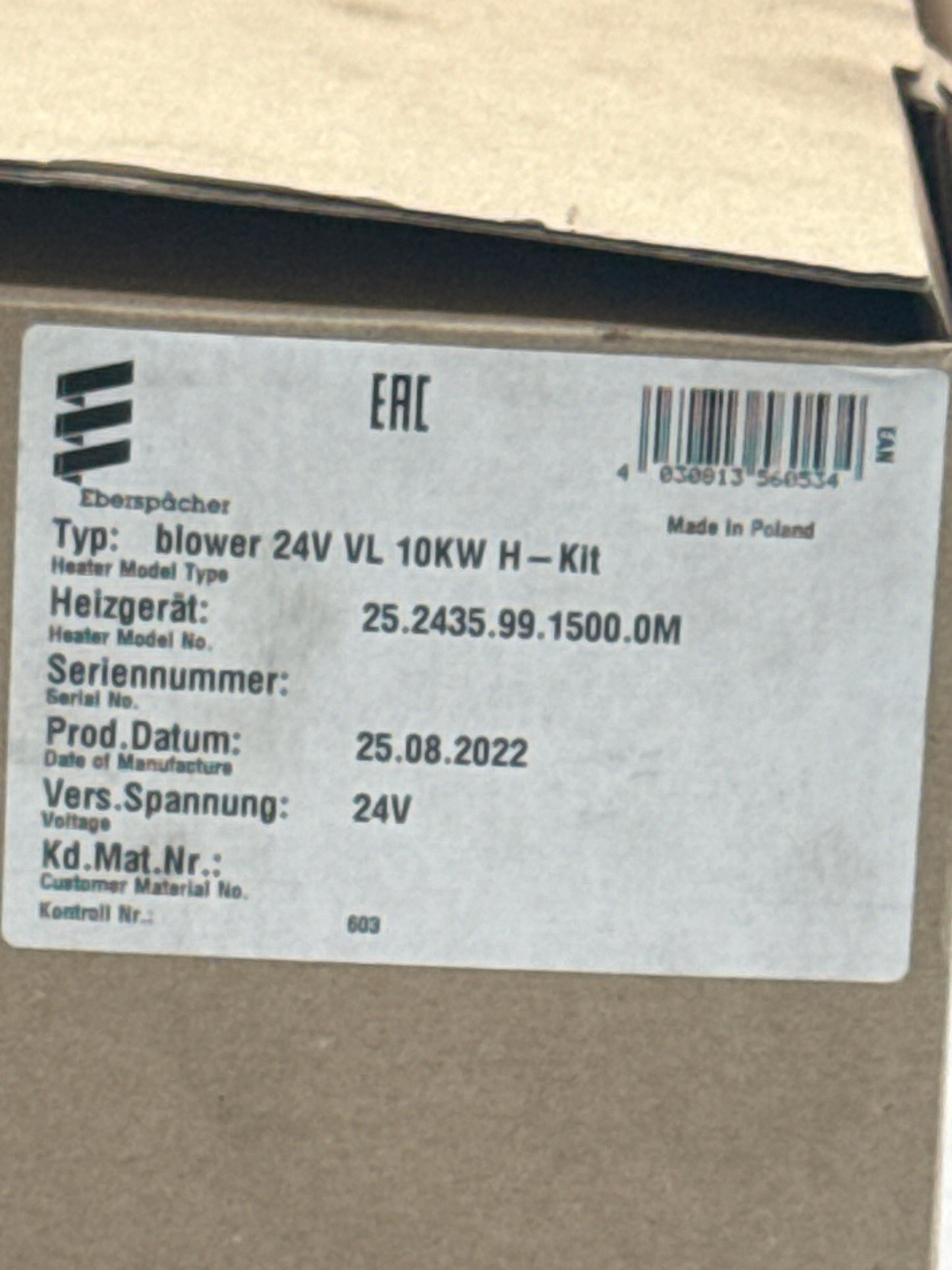 Eberspächer blower 24V VL 10KW H-Kit 25.2435.99.1500.0M