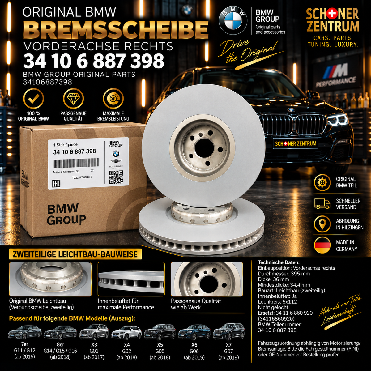 Original BMW Bremsscheibe Vorderachse rechts 395x36 – 34 10 6 887 398