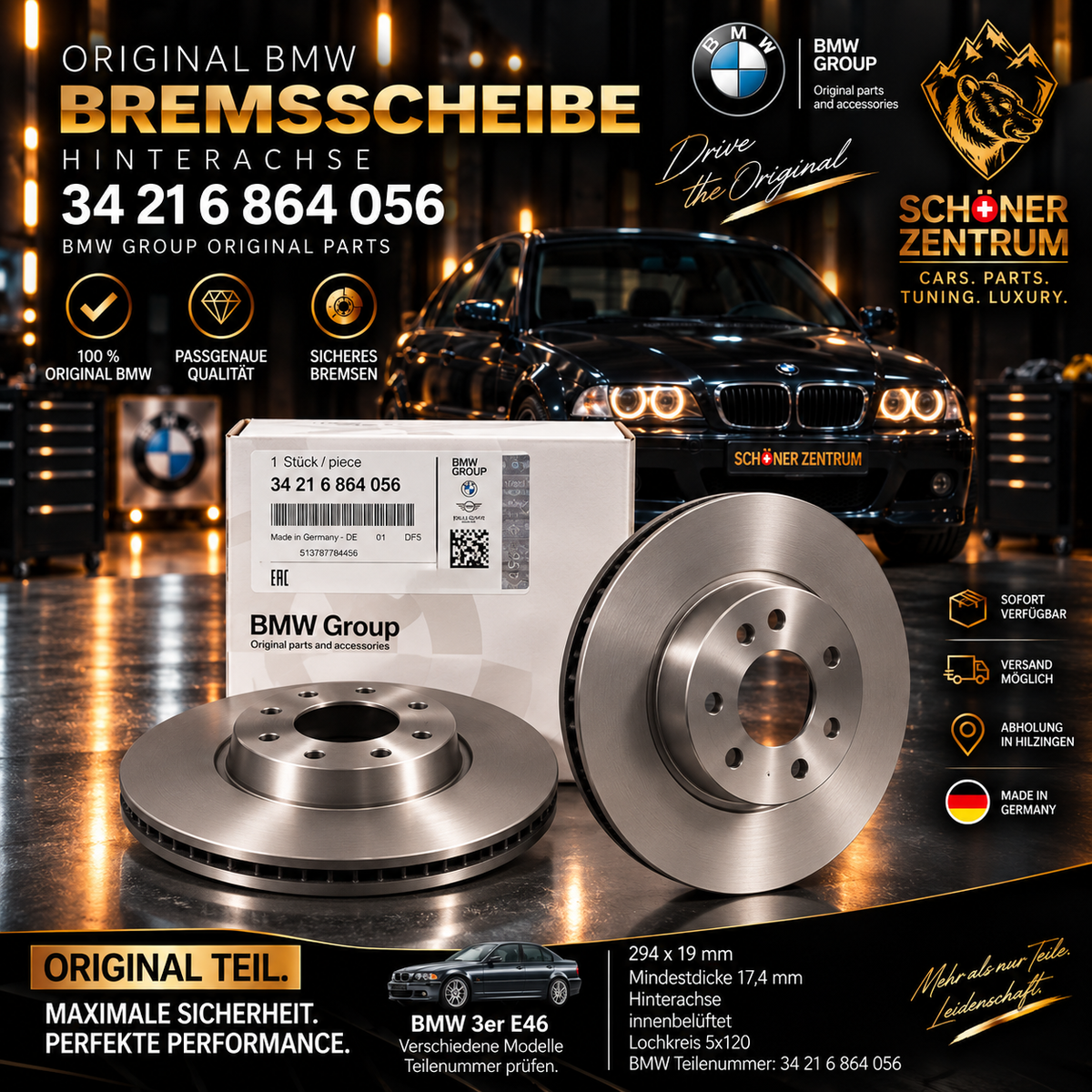 Original BMW Bremsscheibe Hinterachse 294x19 – 34 21 6 864 056