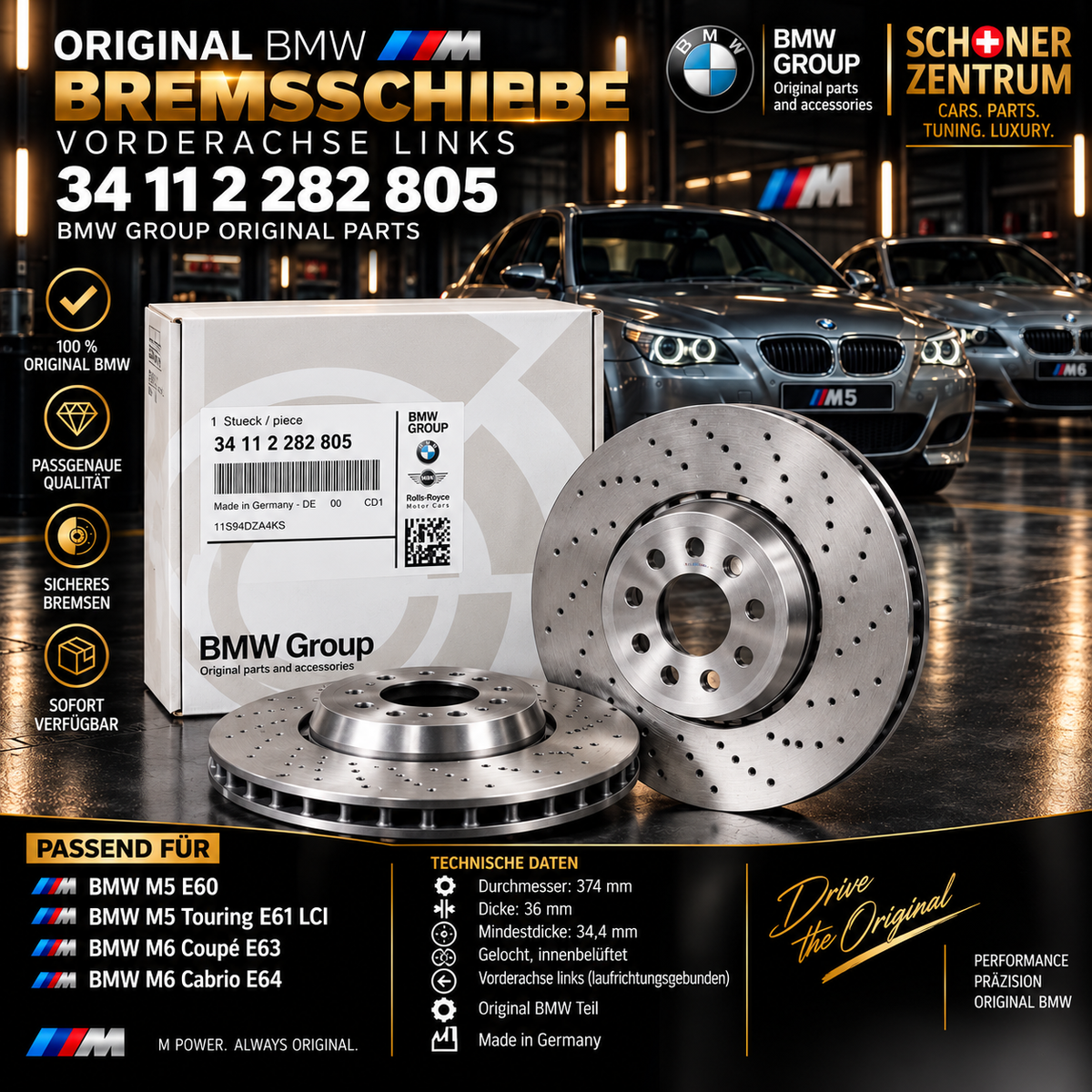 Original BMW M Bremsscheibe Vorderachse links 374x36 – 34 11 2 282 805
