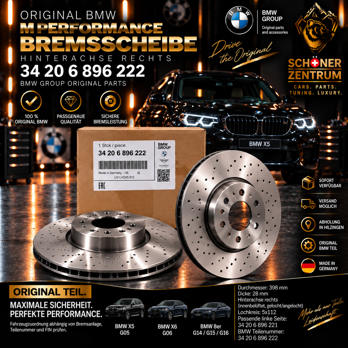 Original BMW M Performance Bremsscheibe Hinterachse rechts 398x28 – 34 20 6 896 222