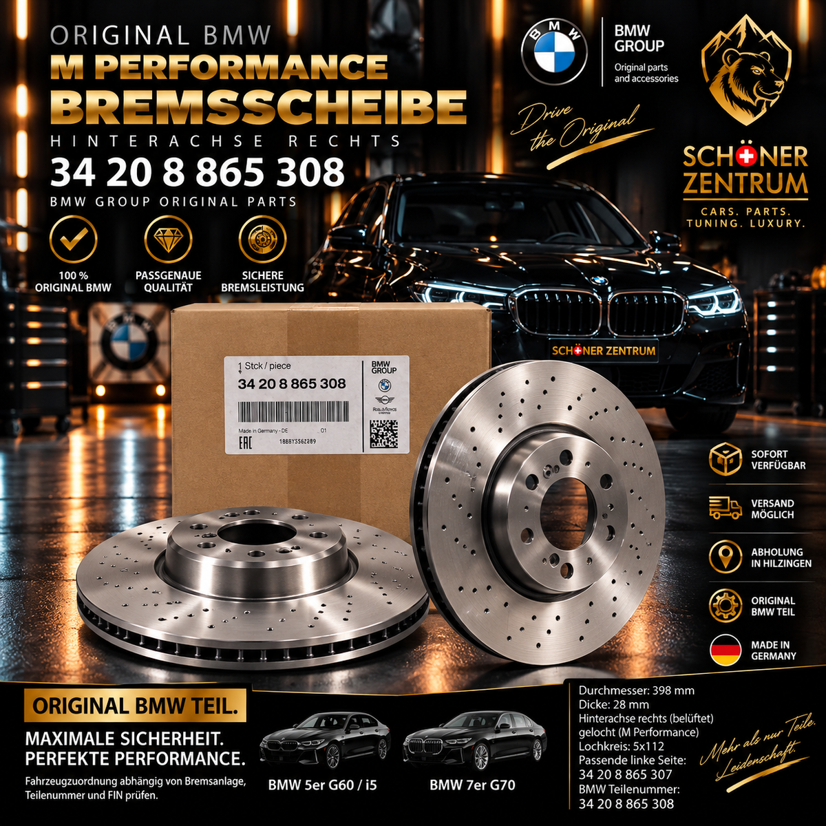 Original BMW M Performance Bremsscheibe Hinterachse rechts 398x28 – 34 20 8 865 308