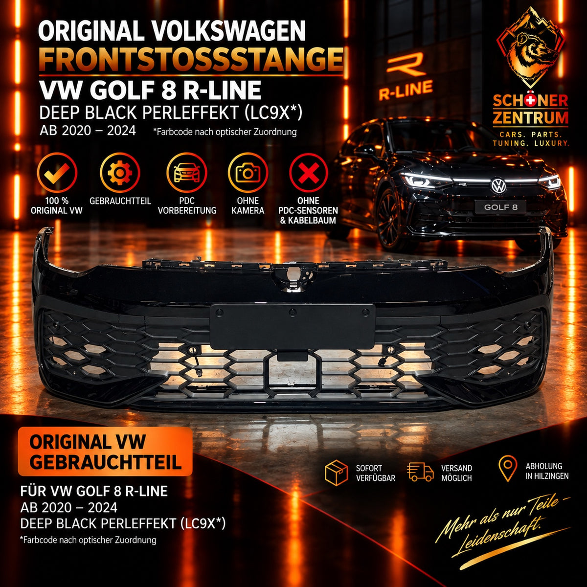 Original VW Golf 8 R-Line Frontstoßstange Deep Black Perleffekt – Vorderseite
