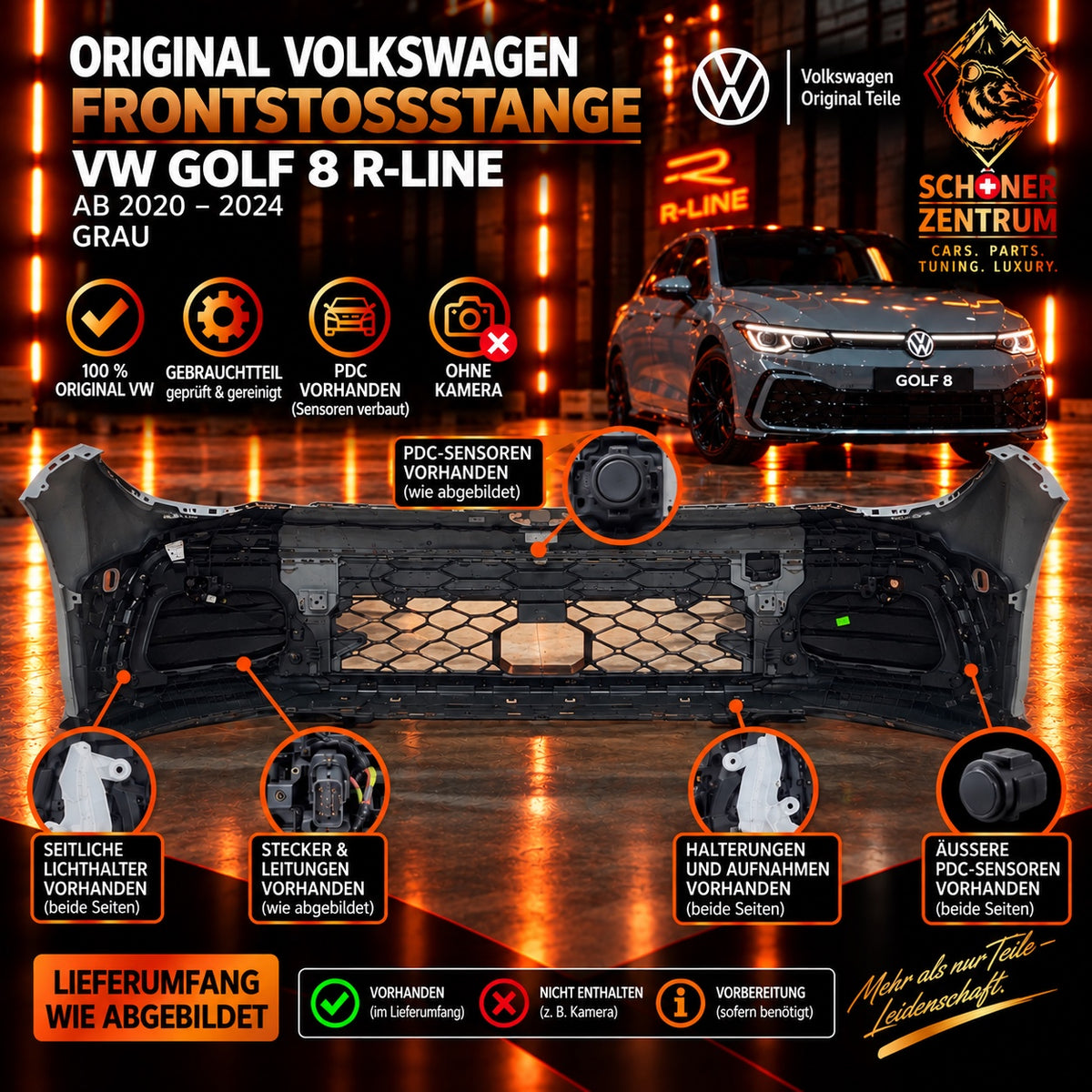 Original VW Golf 8 R-Line Frontstoßstange grau mit PDC – Rückseite
