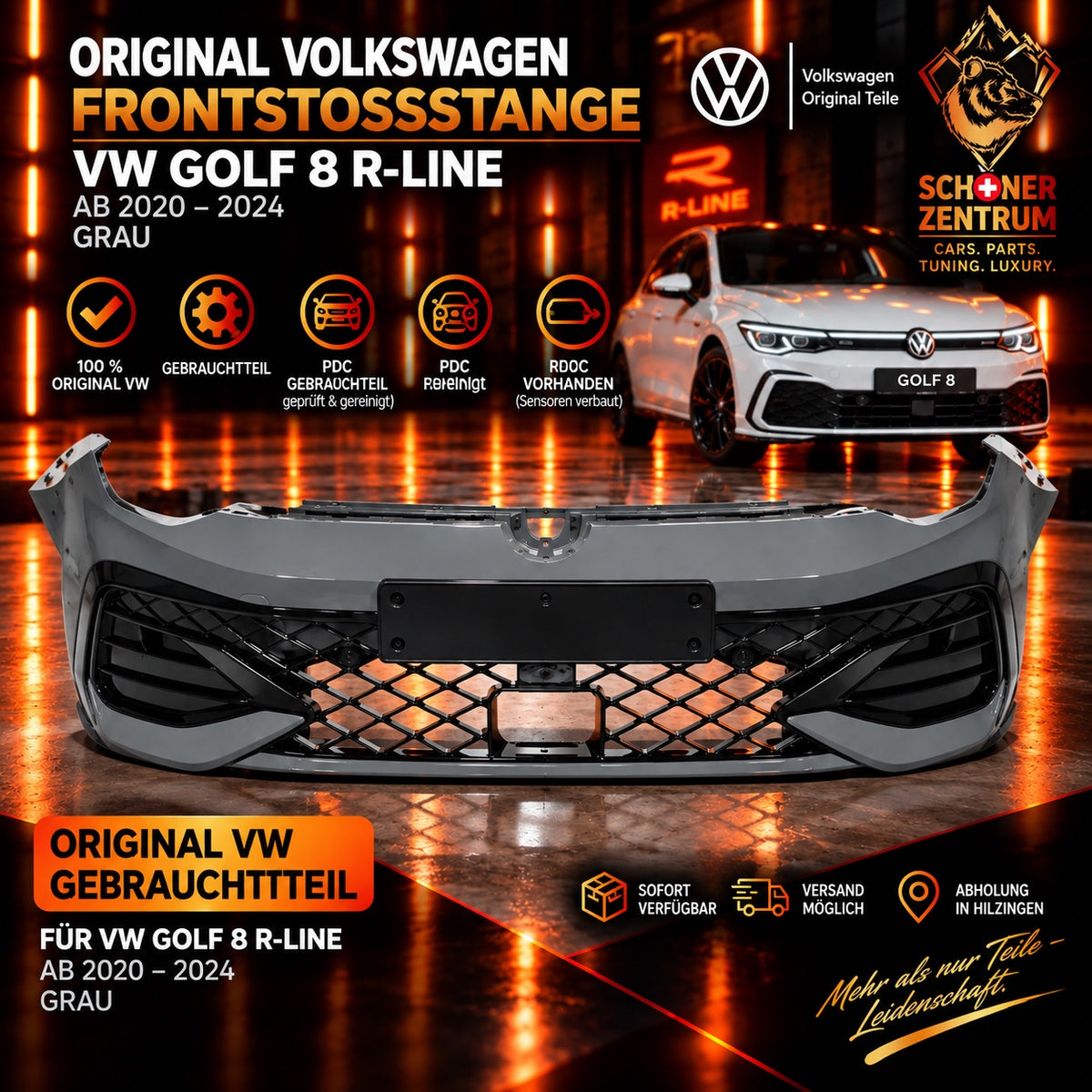 Original VW Golf 8 R-Line Frontstoßstange grau mit PDC – Vorderansicht