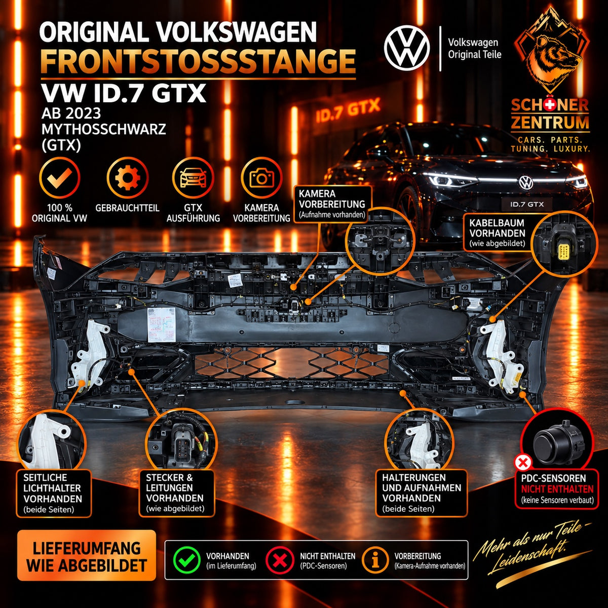 Original VW ID.7 GTX Frontstoßstange Mythosschwarz – Rückseite und Details