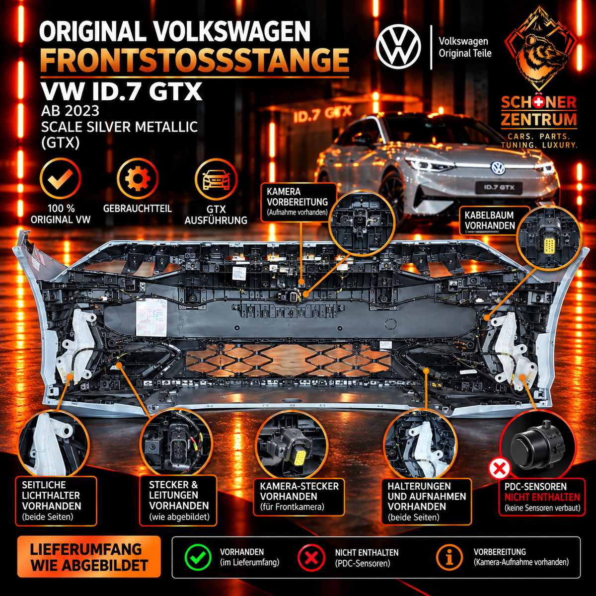 Original VW ID.7 GTX Frontstoßstange Scale Silver Metallic – Rückseite und Lieferumfang