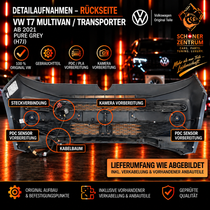 Original VW T7 Frontstoßstange Pure Grey H7J – Rückseite mit PDC, Kamera und Verkabelung