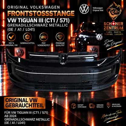 Original VW Tiguan III CT1 571 Frontstoßstange Grenadillschwarz Metallic gebraucht mit einem silbernen Zierstreifen