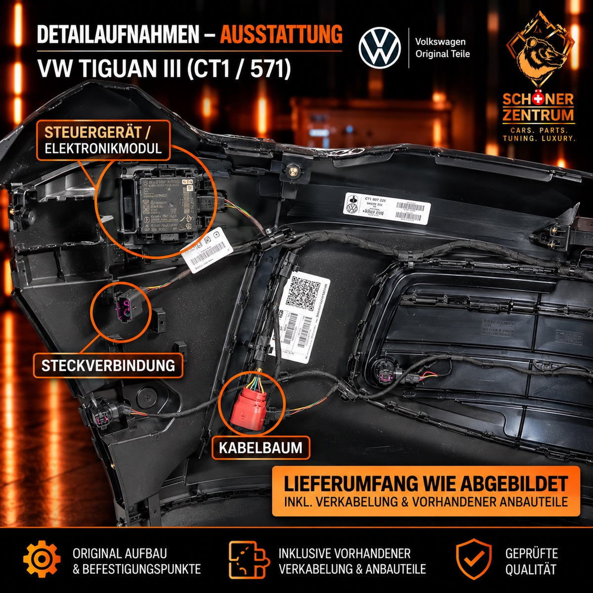 Original VW Tiguan III CT1 Frontstoßstange Detailaufnahme vorhandene Verkabelung und Anbauteile